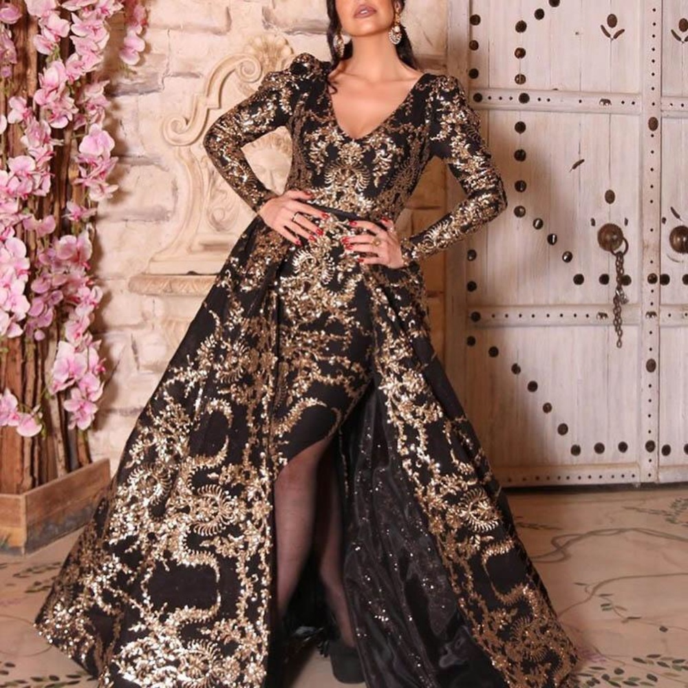 Long sleeve printed sequined prom dress